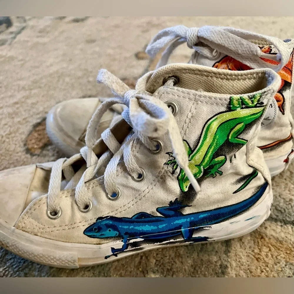 CONVERSE All Star Kid White Blue High-Top Lizard Gecko Laces Shoes 13